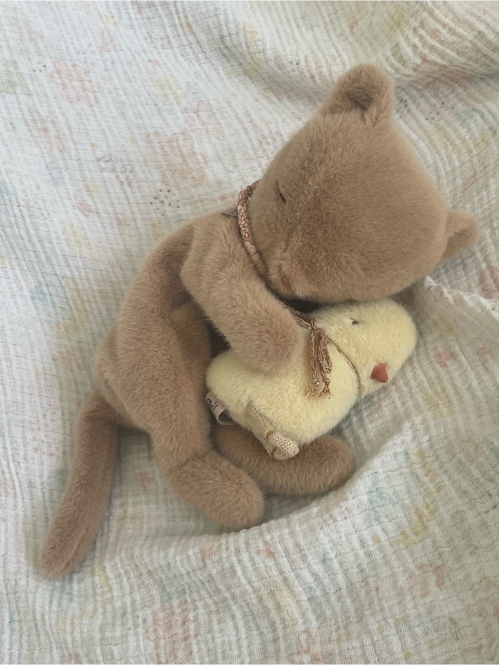 Maileg Sleeping Kitten Plush Small Cream Peach with Chicken Chick Stuffed Animal